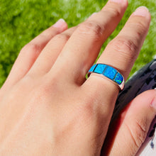 Load image into Gallery viewer, Sterling Silver Blue Synthetic Opal Band Ring for Women Square Inlays Tapered