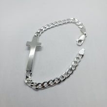 Load image into Gallery viewer, Sterling Silver Large Sideways Cross Bracelet Curb Link Chain Italy, 7" and 8"