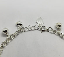 Load image into Gallery viewer, Sterling Silver Anklet Bracelet with Hearts and Bells 7, 8, 10 inch Spring Clasp