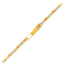 Load image into Gallery viewer, 14K Tri Color Gold Faceted Diamond Cut ID Bracelet 6mm Wide 8mm Center 7" Chain