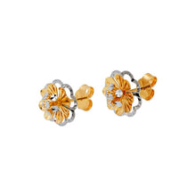 Load image into Gallery viewer, 14K Real Two Tone Gold Small Diamond Cut Flower Stud Earrings 11mm