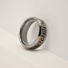 Load image into Gallery viewer, Tungsten Carbide Flat Yellow Greek Key Inlay Beveled Edge Wedding Band Ring 8mm