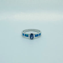 Load image into Gallery viewer, Small Sterling Silver Blue Synthetic Opal Band Ring for Women Oval Shape