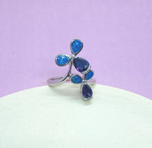 Load image into Gallery viewer, Sterling Silver Blue Synthetic Opal 3 Petal Flower Bypass Ring for Teardrop