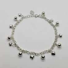 Load image into Gallery viewer, Sterling Silver Anklet Bracelet with Hearts and Bells 7, 8, 10 inch Spring Clasp