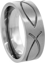 Load image into Gallery viewer, Titanium Wedding Band Christian Fish 8mm Ichthys Ring Men Comfort fit size 6-14