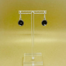 Load image into Gallery viewer, Sterling Silver Synthetic Opal Dangle Earrings Round Cabochon Engraved Bezel Set