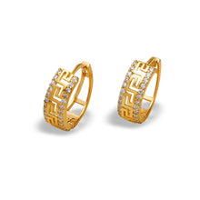 Load image into Gallery viewer, 14K Yellow / White Gold Earrings Sparkling Accents Huggies Hoop Greek Key 5x14mm