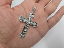 Load image into Gallery viewer, 925 Sterling Silver Diamond-Cut Floral Cross Pendant 2 Inch (50mm) Tall