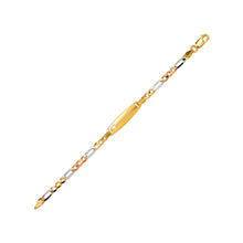 Load image into Gallery viewer, 14K Tricolor Gold 6.8mm Kids Heart ID 4mm Figaro Chain Bracelet 6" Engraving