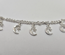 Load image into Gallery viewer, 925 Sterling Silver Anklet with Dangling Moon & Star 14mm, Fits 9" to 10" Ankles