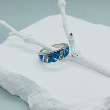 Load image into Gallery viewer, Sterling Silver Blue Synthetic Opal Narrow Dome Ring for Women CZ Accent Tapered