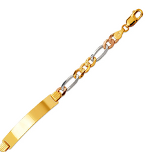 Load image into Gallery viewer, 14K TriColor Gold Figaro Concave ID Bracelet 7mm/6mm 7" Long Engraving Available