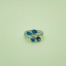Load image into Gallery viewer, Sterling Silver Blue Synthetic Opal Teardrops Bypass Ring for White & Amethyst