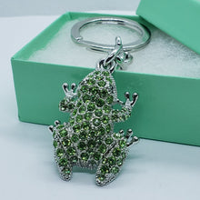 Load image into Gallery viewer, Jeweled Frog Key Chain Crystal Key Ring Green Peridot Colored 3 1/2 inches long