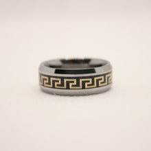 Load image into Gallery viewer, Tungsten Carbide Flat Yellow Greek Key Inlay Beveled Edge Wedding Band Ring 8mm