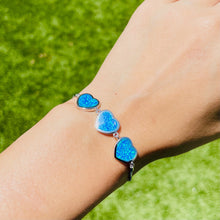 Load image into Gallery viewer, Sterling Silver Synthetic Opal 3-Linked Hearts Bolo Bracelet for Women CZ Halo