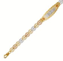 Load image into Gallery viewer, 14K Tri Color Gold Faceted Diamond Cut 15 Anos ID Bracelet 7mm / 12mm 7" Chain