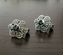 Load image into Gallery viewer, 925 Sterling Silver Round Black Onyx Marcasite Clip on Earrings None Pierced
