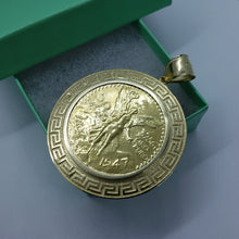 Load image into Gallery viewer, 10k Yellow Gold Eagle Mexico 50 Peso Coin Bezel 2" (50mm) Diameter Greek Key