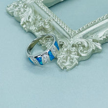 Load image into Gallery viewer, Sterling Silver Blue Synthetic Opal Dome Ring for Women CZ Accent Tapered