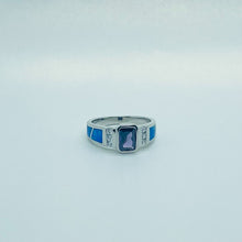 Load image into Gallery viewer, Sterling Silver Blue Synthetic Opal Cushion Cut Ring