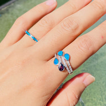 Load image into Gallery viewer, Sterling Silver Blue Synthetic Opal Teardrops Bypass Ring for White & Amethyst