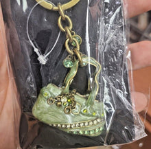 Load image into Gallery viewer, Green Purse Handbag Key Chain Crystal Golden Key Ring 4 inches Long 33mm Round