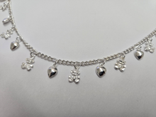 Load image into Gallery viewer, 925 Sterling Silver Figaro Link Anklet with Dangling Hearts and Teddy Bear 14mm
