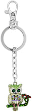 Load image into Gallery viewer, Jeweled Owl Key Chain Crystal Key Ring Multi color 3 1/2 inches long 33mm Round