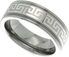 Load image into Gallery viewer, Tungsten Carbide 8mm Flat Wedding Band Ring Greek Key Pattern Grooved Edges 9-12