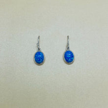 Load image into Gallery viewer, Sterling Silver Synthetic Opal Dangle Earrings Oval Cabochon Bezel Set