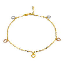 Load image into Gallery viewer, 14K Tricolor Gold Heart Charm Bracelet Anklet 2mm Link 10mm Charm 10" Chain