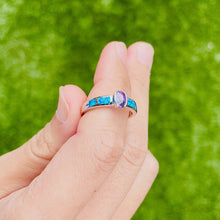 Load image into Gallery viewer, Small Sterling Silver Blue Synthetic Opal Band Ring for Women Oval Shape