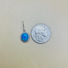 Load image into Gallery viewer, Sterling Silver Synthetic Opal Dangle Earrings Round Cabochon Engraved Bezel Set