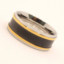 Load image into Gallery viewer, Stainless Steel Flat Black Center w/ Double Golden Stripes Wedding Band Ring 8mm