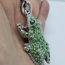 Load image into Gallery viewer, Jeweled Frog Key Chain Crystal Key Ring Green Peridot Colored 3 1/2 inches long