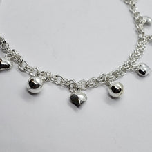 Load image into Gallery viewer, Sterling Silver Dangling Hearts and Jingle Bells Charm Bracelet for Women 8.5"