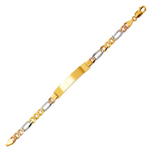 Load image into Gallery viewer, 14K TriColor Gold Figaro Concave ID Bracelet 7mm/6mm 7" Long Engraving Available