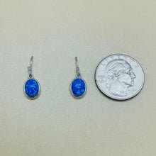 Load image into Gallery viewer, Sterling Silver Synthetic Opal Dangle Earrings Oval Cabochon Bezel Set