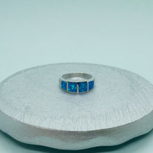 Load image into Gallery viewer, Sterling Silver Blue Synthetic Opal Band Ring for Women Square Inlays Tapered