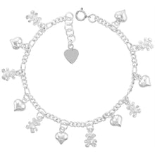 Load image into Gallery viewer, 925 Sterling Silver Figaro Link Anklet with Dangling Hearts and Teddy Bear 14mm