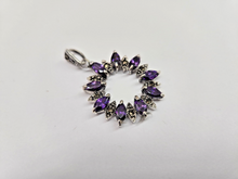 Load image into Gallery viewer, 925 Sterling Silver Marcasite Amethyst CZ Wreath Pendant 1 3/8 (35mm) Inch Tall