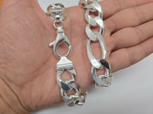 Load image into Gallery viewer, 925 Sterling Silver Heavy Thick Figaro Chain Beveled Edge Bracelet Necklace 17mm