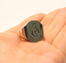 Load image into Gallery viewer, Stainless Steel Masonic Letter G Hand Square and Compass Signet Ring 3/4 Inch