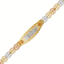 Load image into Gallery viewer, 14K Tri Color Gold Faceted Diamond Cut 15 Anos ID Bracelet 7mm / 12mm 7" Chain