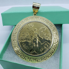 Load image into Gallery viewer, 10k Yellow Gold Eagle Mexico 50 Peso Coin Bezel 2" (50mm) Diameter Greek Key