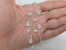 Load image into Gallery viewer, 925 Sterling Silver Figaro Link Anklet with Dangling Hearts and Teddy Bear 14mm