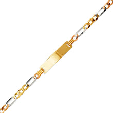 Load image into Gallery viewer, 14K Tricolor Gold 6mm Kids Square ID 4mm Figaro Chain Bracelet 6" Engraving