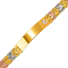 Load image into Gallery viewer, 14K Tri Color Gold Faceted Diamond Cut 15 ID Bracelet 10mm / 10mm 7" Chain